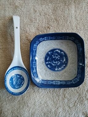 Blue Floral Ceramic Serving Bowl and Spoon Set, Barely Used.